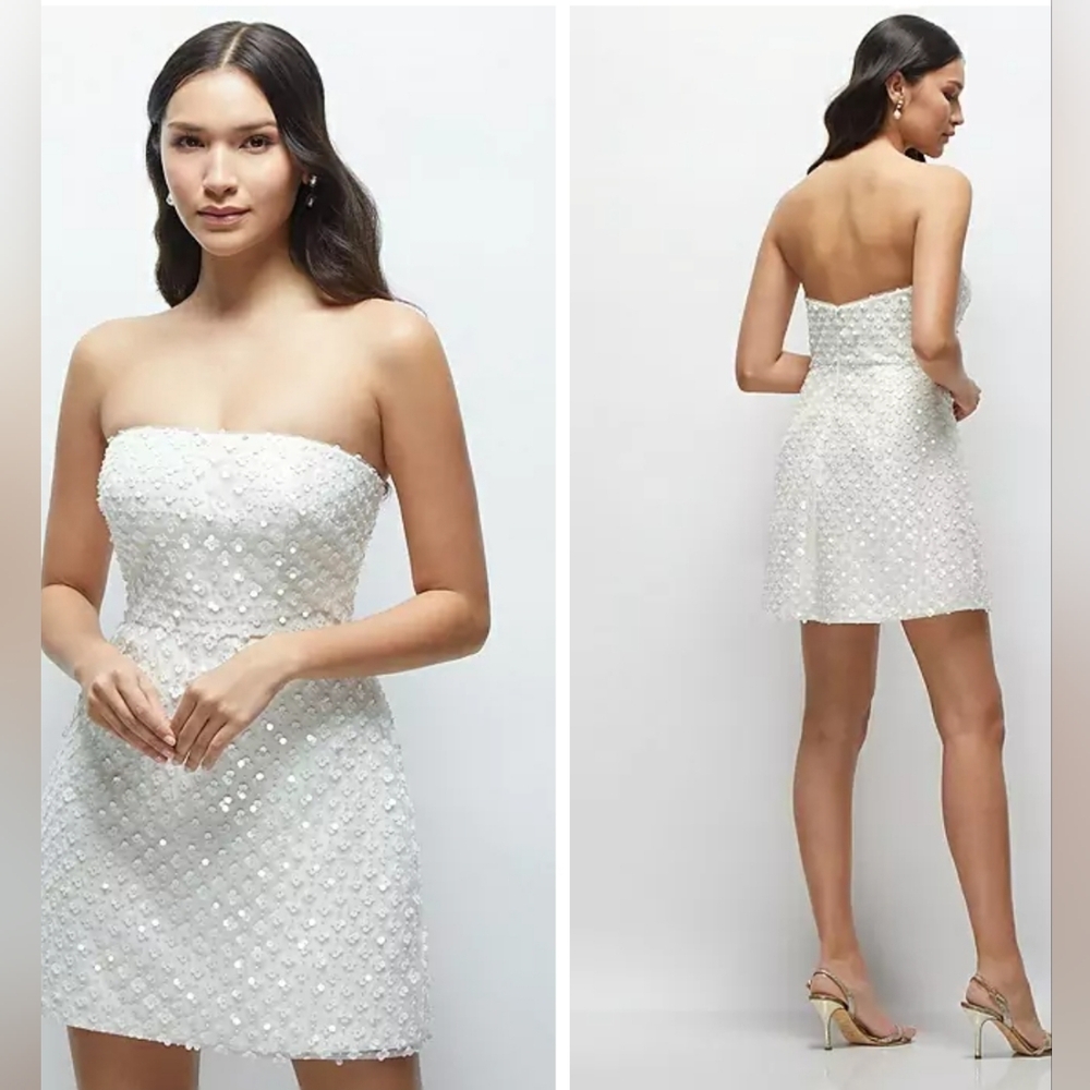 Pearl & Sequin Floret Strapless Mini Dress in Pearl